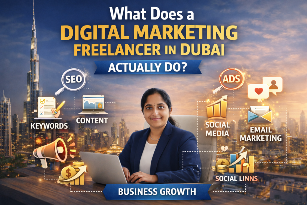 Freelance digital marketing in Dubai expert working on SEO, ads, and online business growth strategies