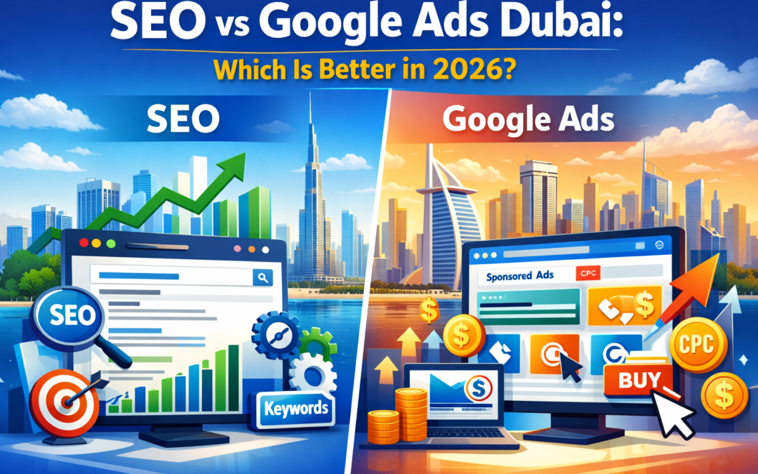 SEO vs Google Ads Dubai comparison showing organic search results and paid ads strategy for business growth
