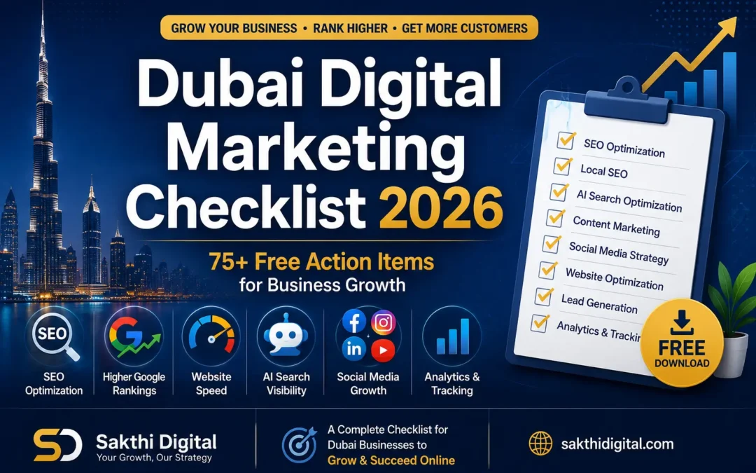 Professional Dubai Digital Marketing Checklist 2026 graphic by Sakthi Digital showing SEO, AI search, analytics, website optimization, and business growth icons.