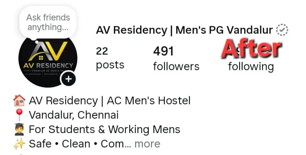 Instagram followers after digital marketing and social media optimization by Sakthi Digital for AV Residency.